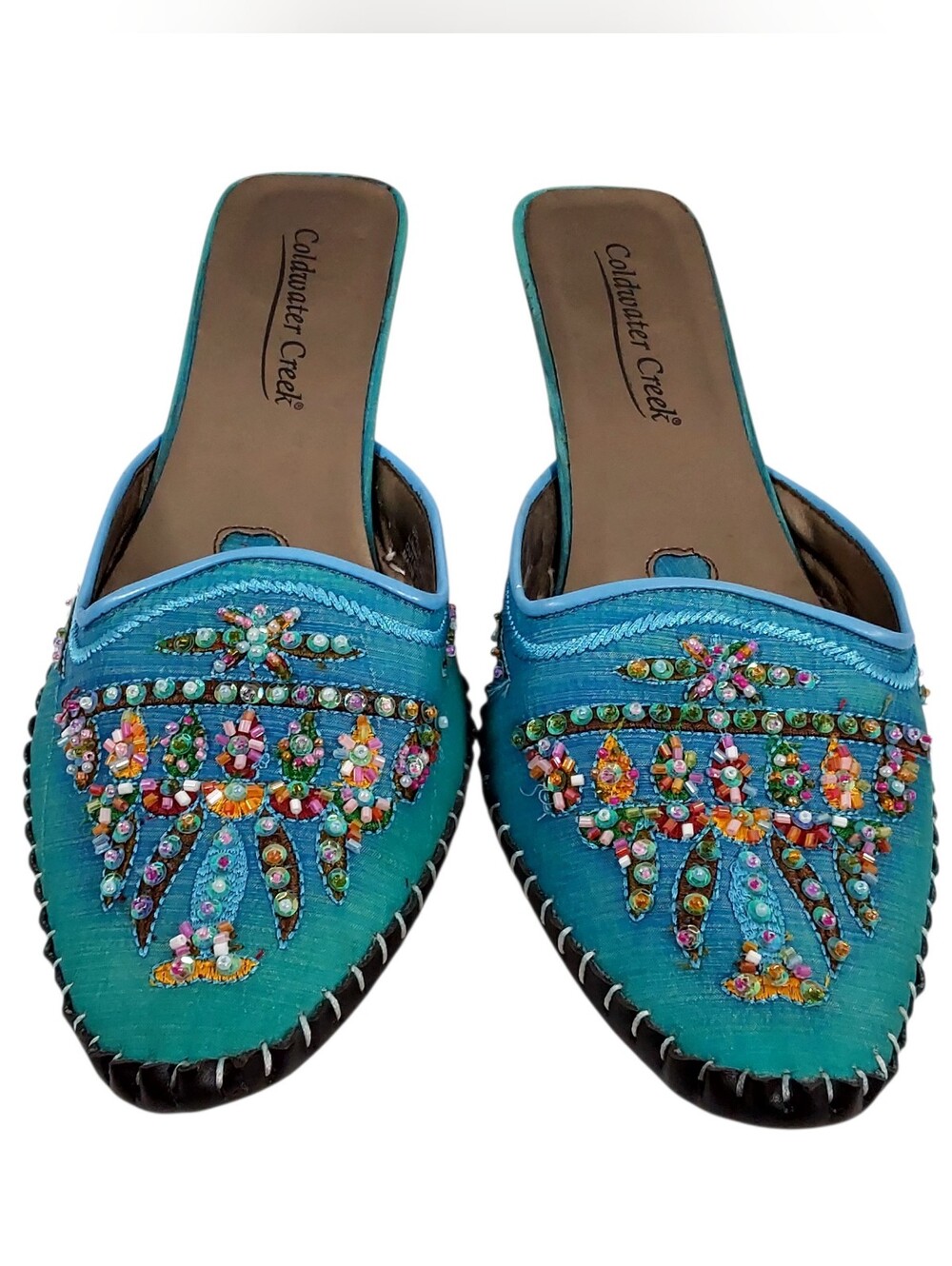 Coldwater Creek turquoise beaded kitten heel mules